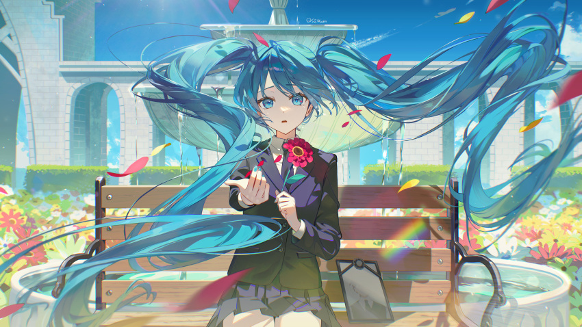 1girl, absurdres, aqua_eyes, aqua_hair, aqua_nails, bench, black_jacket, black_necktie