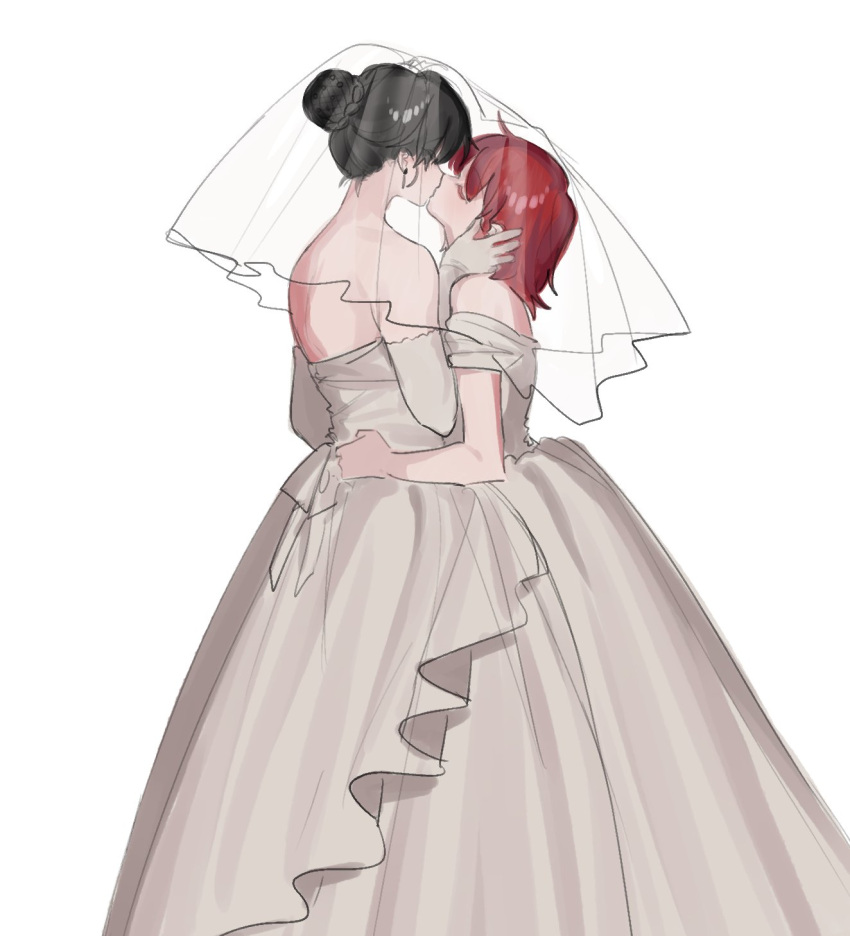 2girls, back_bow, bow, braid, bride, bun_with_braided_base, dress, elbow_gloves, feet_out_of_frame, genderswap, genderswap_(mtf), gloves, hair_bun, hand_on_another's_back, highres, kaname_momo, kiss, maeno_aki, multiple_girls, red_hair, shared_veil, simple_background, tsugino_haru, wedding_dress, white_background, white_dress, white_gloves, wife_and_wife, yuri, zeno_(game)