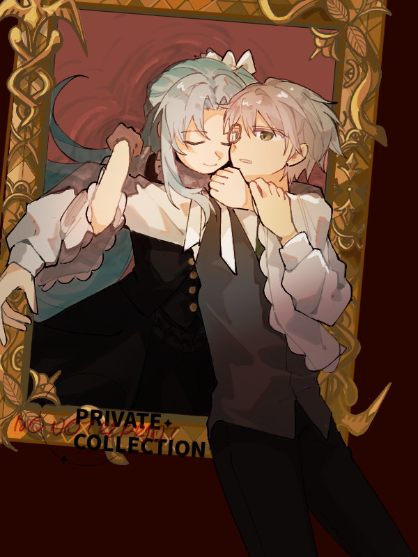 1boy, 1girl, angela_(project_moon), black_dress, black_pants, blue_hair, closed_mouth, commentary_request
