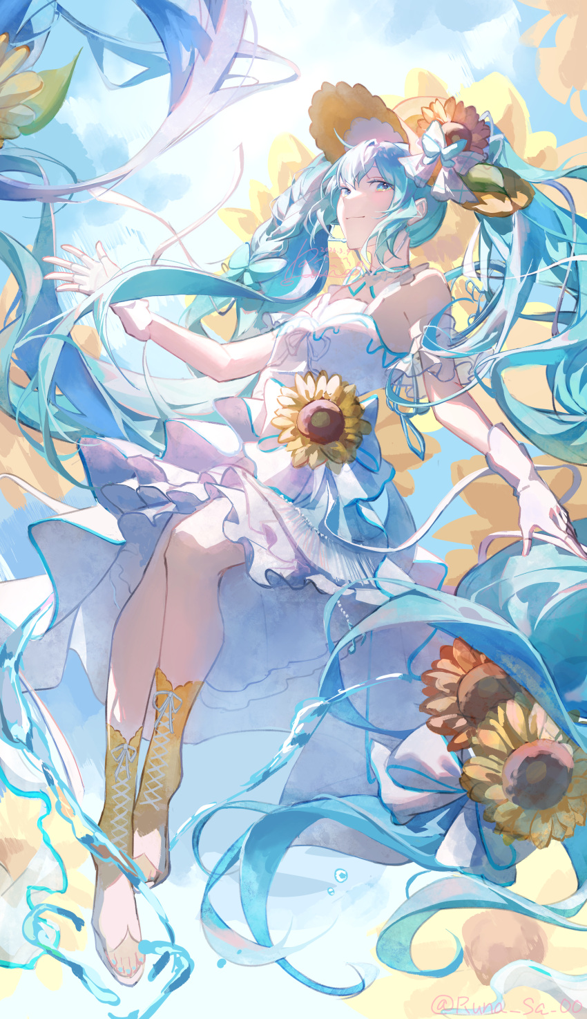1girl, absurdres, aqua_eyes, aqua_hair, aqua_nails, bare_shoulders, boots, bow