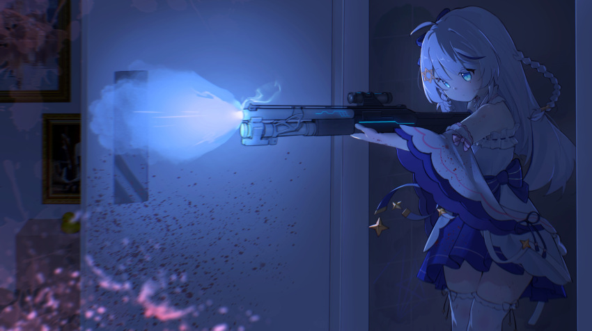 1girl, absurdres, blood, blue_eyes, commentary_request, detached_sleeves, firing, gun