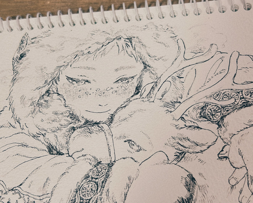 1boy, animal, animal_hug, antlers, deer, deer_antlers, freckles, gloves