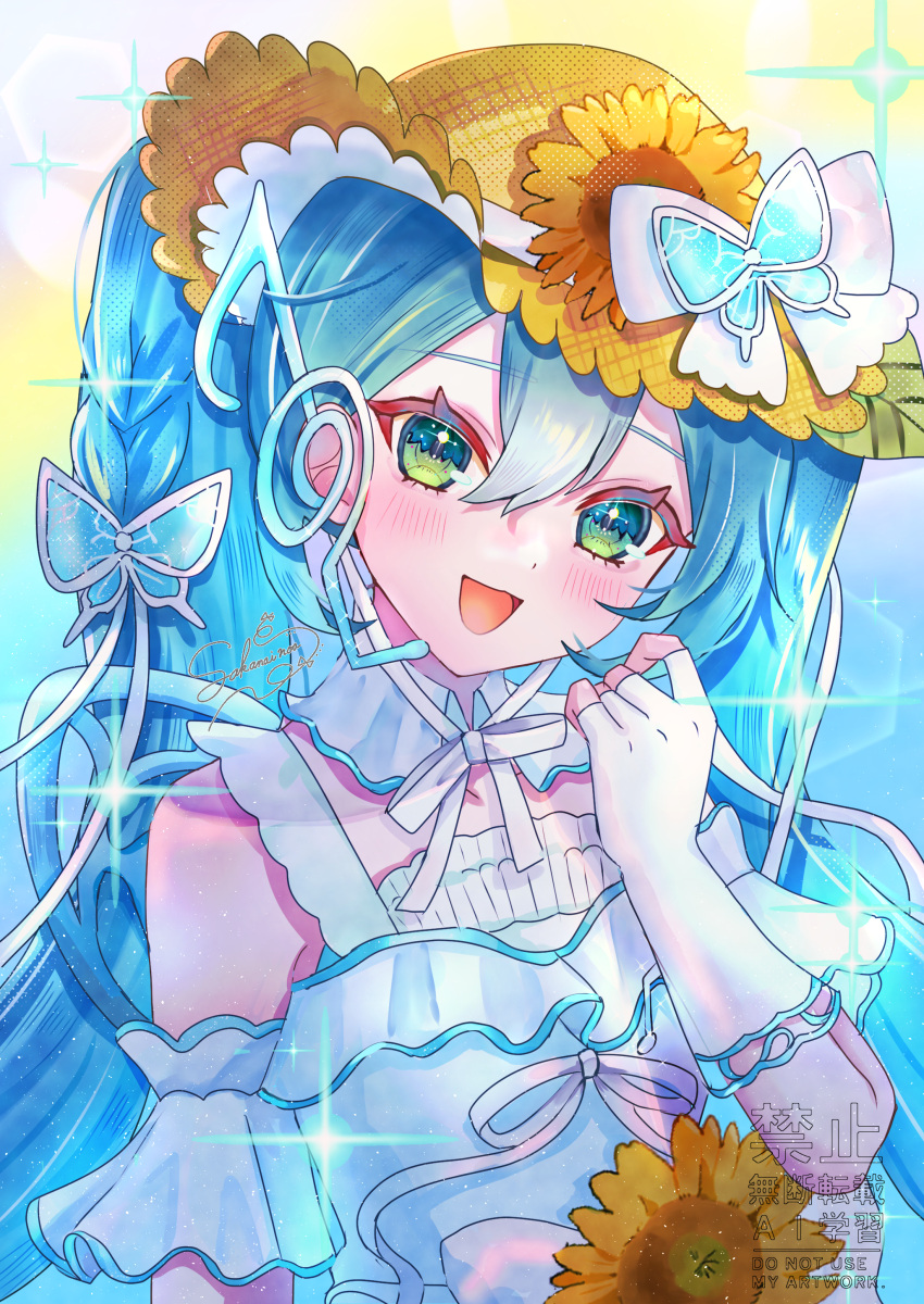 1girl, absurdres, aqua_hair, blush, bow, brown_hat, commentary_request, cowboy_shot