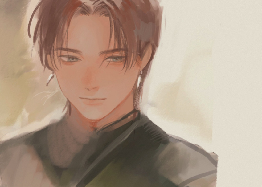 1boy, brown_hair, commentary_request, curtained_hair, earrings, green_eyes, highres, ignat_no_hanayome