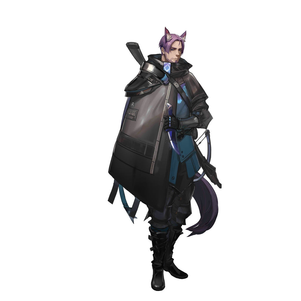 1boy, arknights, arm_on_own_stomach, beard, black_boots, blue_shirt, boots, crossbow