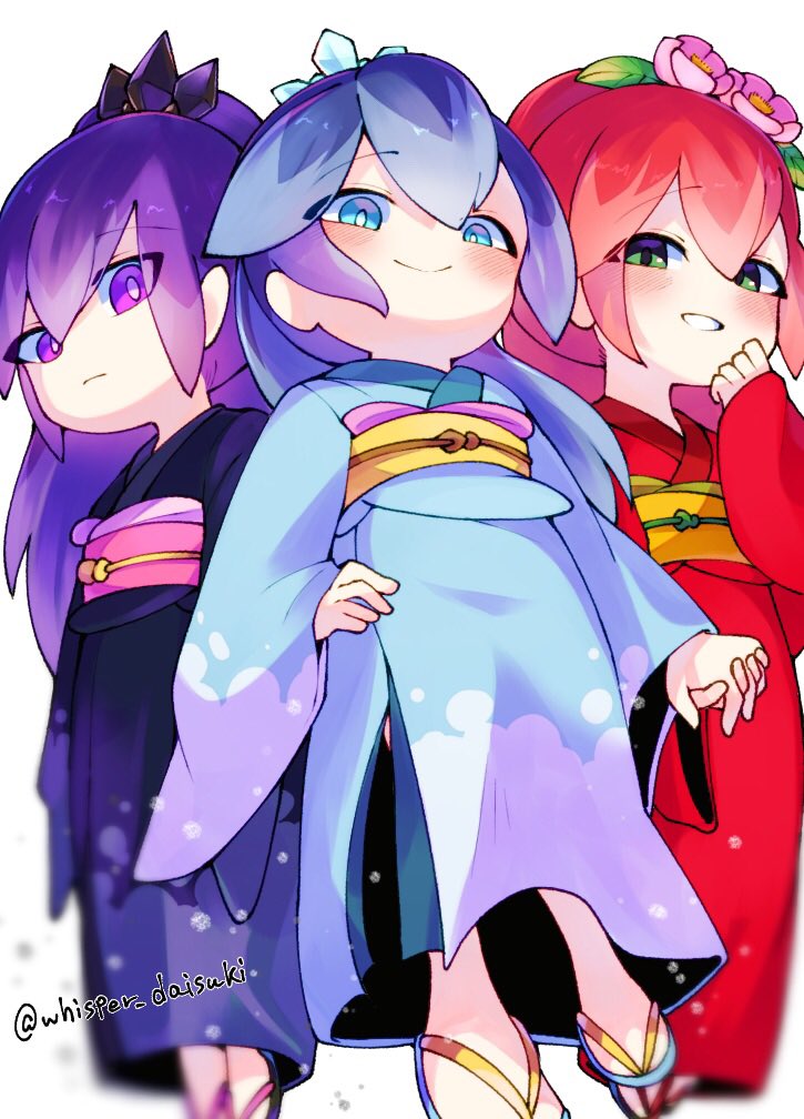 3girls, artist_name, black_kimono, blue_eyes, blue_hair, blue_kimono, fubukihime, green_eyes
