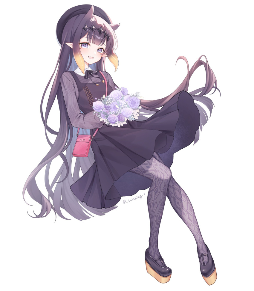 1girl, bag, beret, black_dress, black_hat, black_ribbon, black_shoes, blue_eyes