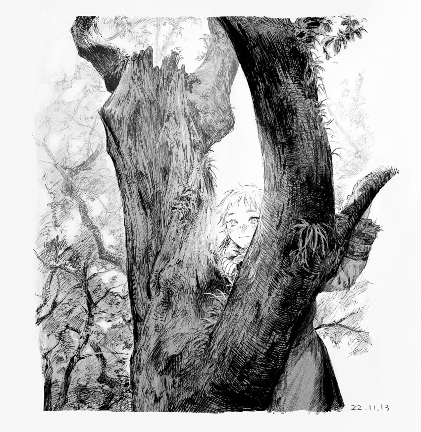 1boy, behind_tree, dated, earrings, forest, fur_trim, greyscale, highres