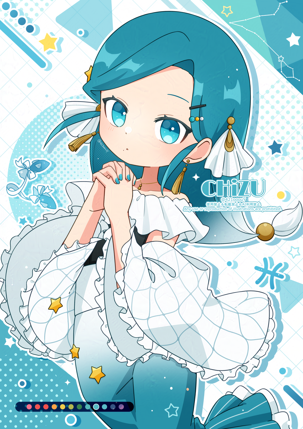 1girl, blue_dress, blue_eyes, blue_hair, chizu_(421ooouy), commentary_request, constellation, cowboy_shot, detached_sleeves, dress, drop_shadow, frilled_sleeves, frills, gradient_hair, grid_background, highres, interlocked_fingers, long_hair, long_sleeves, looking_at_viewer, multicolored_hair, off-shoulder_dress, off_shoulder, original, outline, own_hands_clasped, own_hands_together, parted_lips, personification, pisces_(constellation), pisces_(symbol), pisces_(zodiac), solo, white_hair, white_outline, white_sleeves, wide_sleeves, zodiac