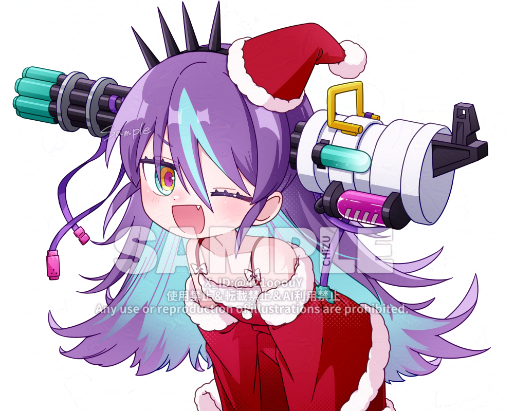 1girl, ;d, bare_shoulders, blue_hair, blush, character_request, chizu_(421ooouy), colored_inner_hair, commentary_request, copyright_request, dress, fang, fur-trimmed_dress, fur-trimmed_headwear, fur_trim, gun, hair_between_eyes, hat, long_sleeves, looking_at_viewer, multicolored_hair, object_through_head, one_eye_closed, open_mouth, purple_hair, red_dress, red_hat, sample_watermark, santa_costume, santa_hat, simple_background, smile, solo, twitter_username, two-tone_hair, upper_body, virtual_youtuber, watermark, weapon, white_background, yellow_eyes