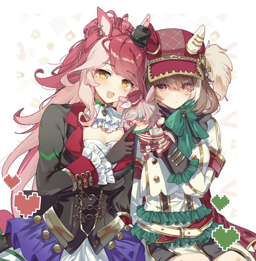 2girls, absurdres, animal_ears, ascot, belt, black_gloves, black_jacket, blush
