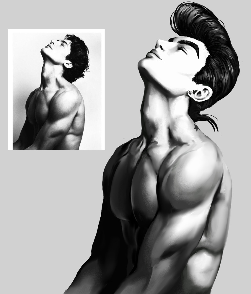 1boy, adam's_apple, birthmark, black_hair, cheekbones, closed_eyes, closed_mouth, commentary, diamond_wa_kudakenai, earrings, english_commentary, eyelashes, greyscale, higashikata_josuke, highres, jewelry, joestar_birthmark, jojo_no_kimyou_na_bouken, lips, male_focus, monochrome, muscular, muscular_male, nose, pectorals, photo-referenced, photo_inset, pompadour, realistic, reference_inset, rimmybone, solo, topless_male, upper_body
