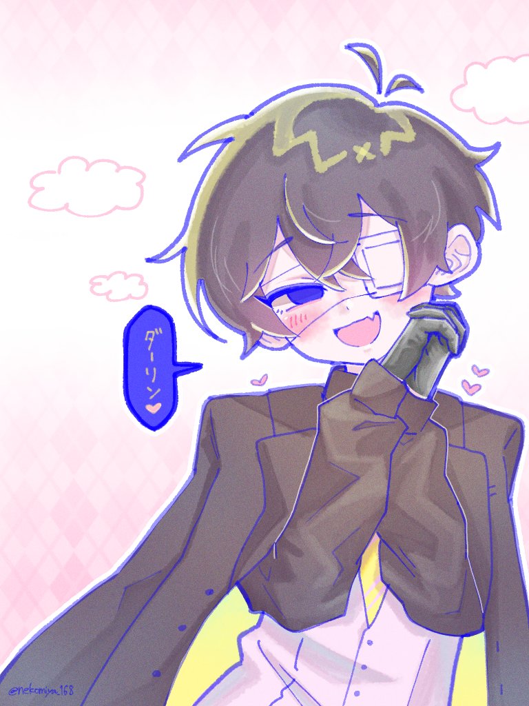 1boy, :d, antenna_hair, black_gloves, black_hair, black_jacket, black_shirt, blush