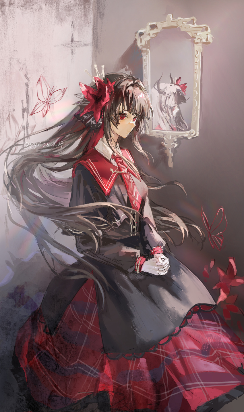 1girl, absurdres, black_capelet, black_hair, black_shirt, black_skirt, bug, butterfly
