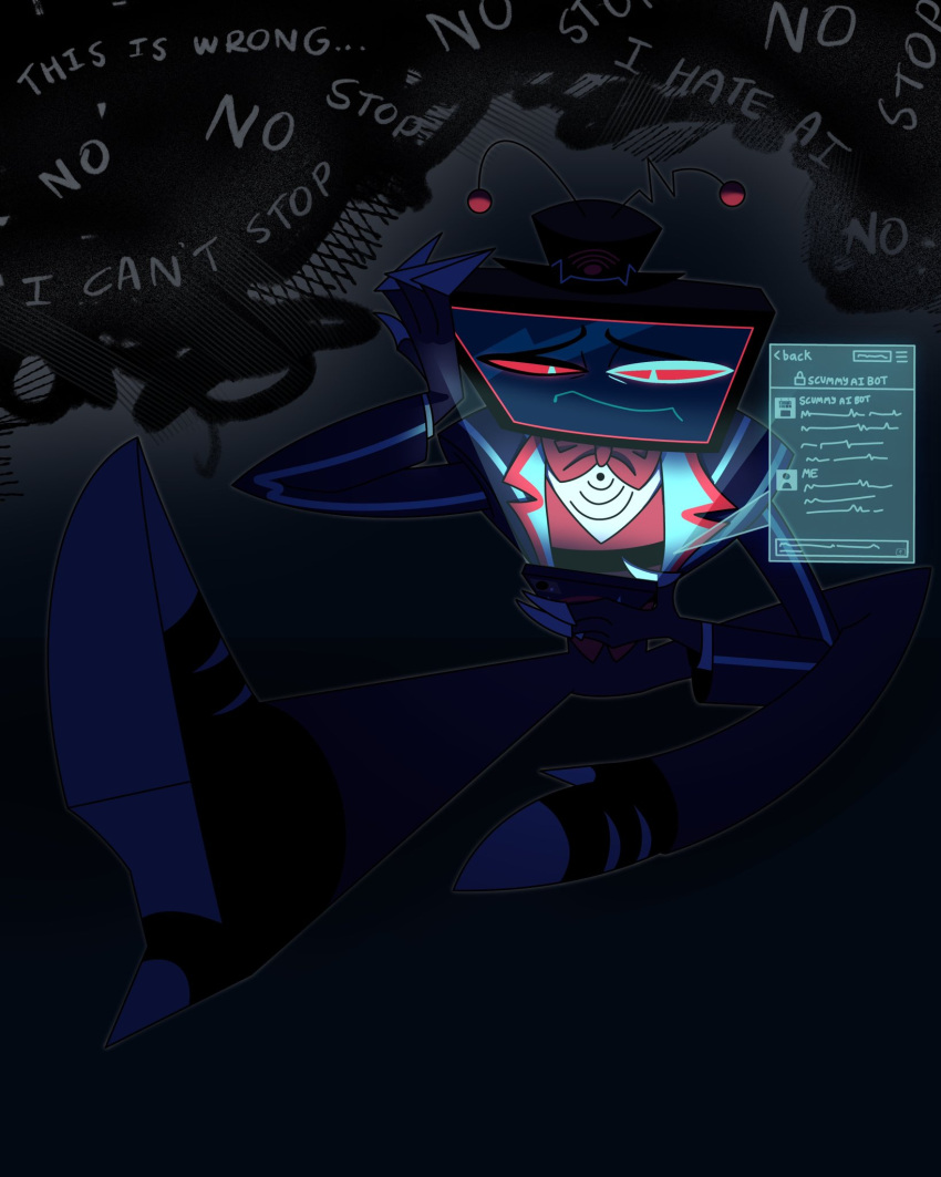 1boy, addiction, aqua_pupils, black_hat, black_shirt, blue_nails, blue_pants, blue_shoes