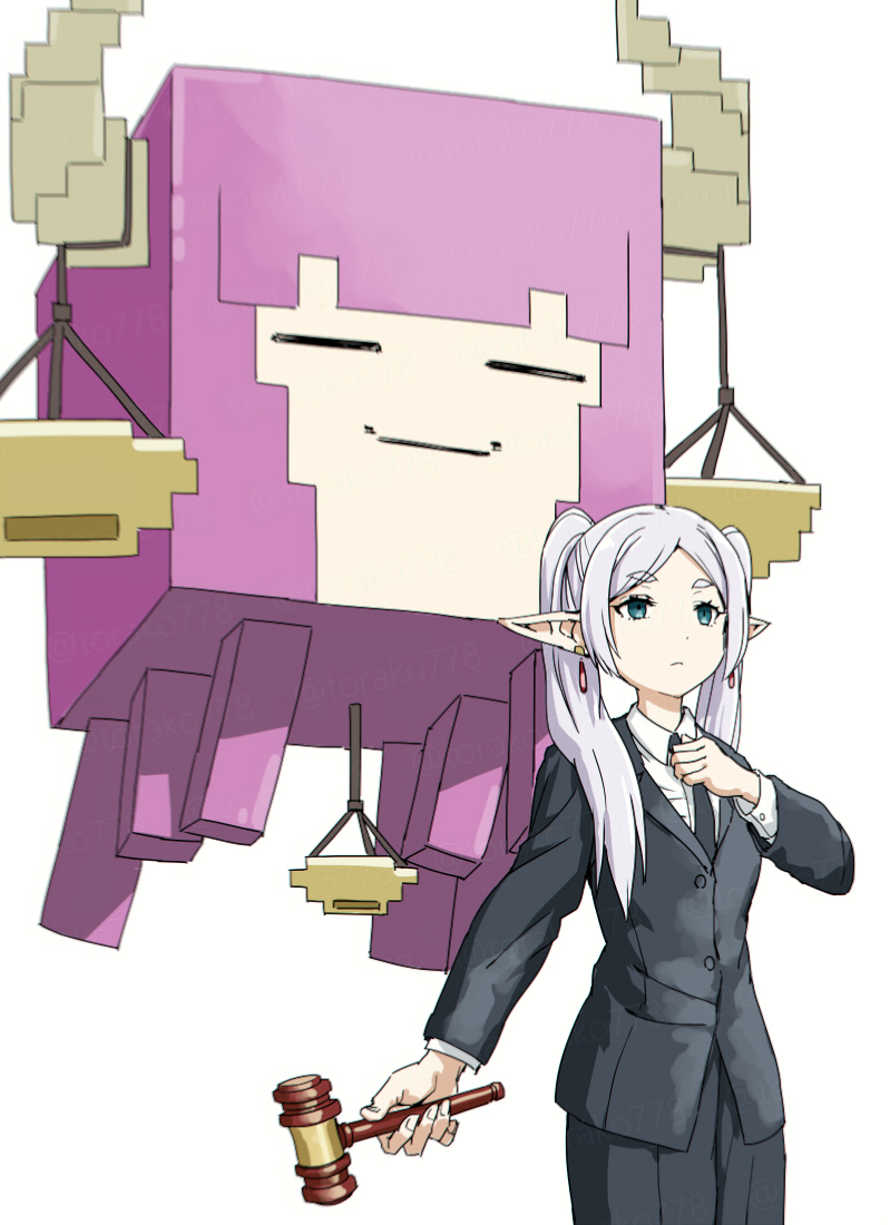 2girls, =_=, adjusting_clothes, adjusting_necktie, aura_(sousou_no_frieren), black_jacket, black_necktie, black_skirt, demon_horns, earrings, elf, expressionless, formal_clothes, frieren, gavel, ghast, green_eyes, grey_hair, hair_over_shoulder, holding_gavel, horns, jacket, jewelry, long_pointy_ears, long_sleeves, minecraft, multiple_girls, necktie, parted_bangs, pointy_ears, purple_hair, shirt, simple_background, skirt, smile, sousou_no_frieren, standing, teardrop_earrings, thick_eyebrows, torako_(toramaru), twintails, white_background, white_shirt, wing_collar