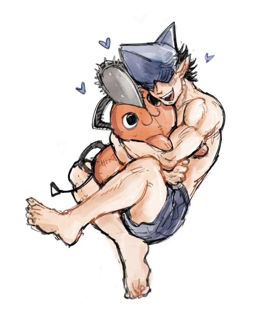 1boy, beam_(chainsaw_man), black_hair, chainsaw_man, feet, highres, male_focus, open_mouth, pochita_(chainsaw_man), pointy_ears, pull_cord, rimmybone, shark_boy, shark_fin, shark_head, sharp_teeth, short_hair, simple_background, sketch, smile, solo, stuffed_animal, stuffed_toy, teeth, topless_male