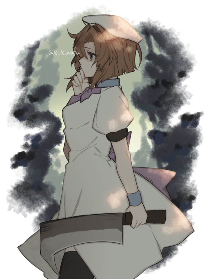 10_10_wafu, 1girl, artist_name, black_thighhighs, blue_eyes, commentary_request, dress, from_side, hat, higurashi_no_naku_koro_ni, holding, holding_weapon, orange_hair, puffy_short_sleeves, puffy_sleeves, ryuuguu_rena, short_hair, short_sleeves, standing, thigh-highs, twitter_username, weapon, white_dress, white_hat