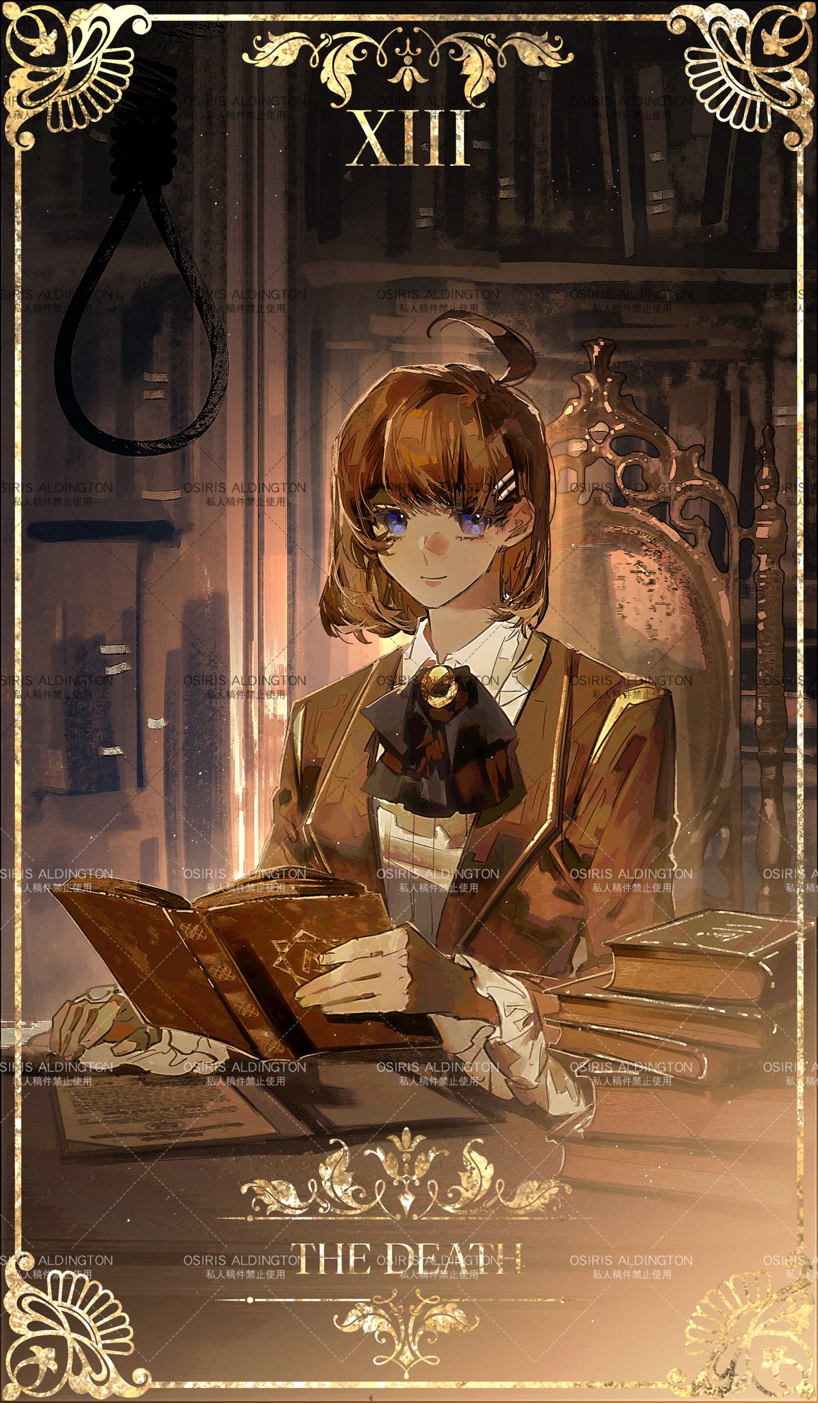 1girl, ahoge, ascot, bilingual_commentary, black_ascot, blue_eyes, book, brown_hair