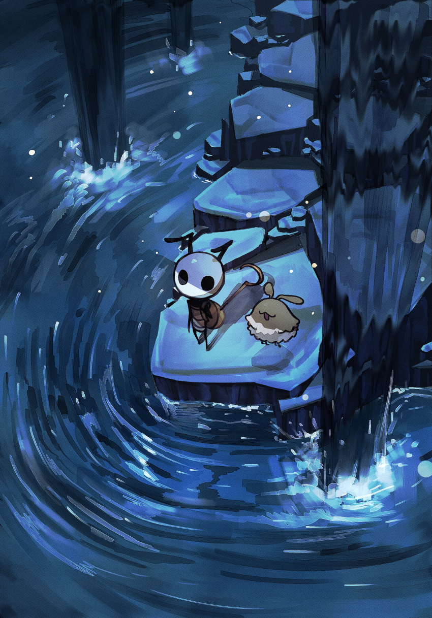 1boy, absurdres, antennae, arthropod_boy, black_eyes, flea_(hollow_knight), from_above, highres