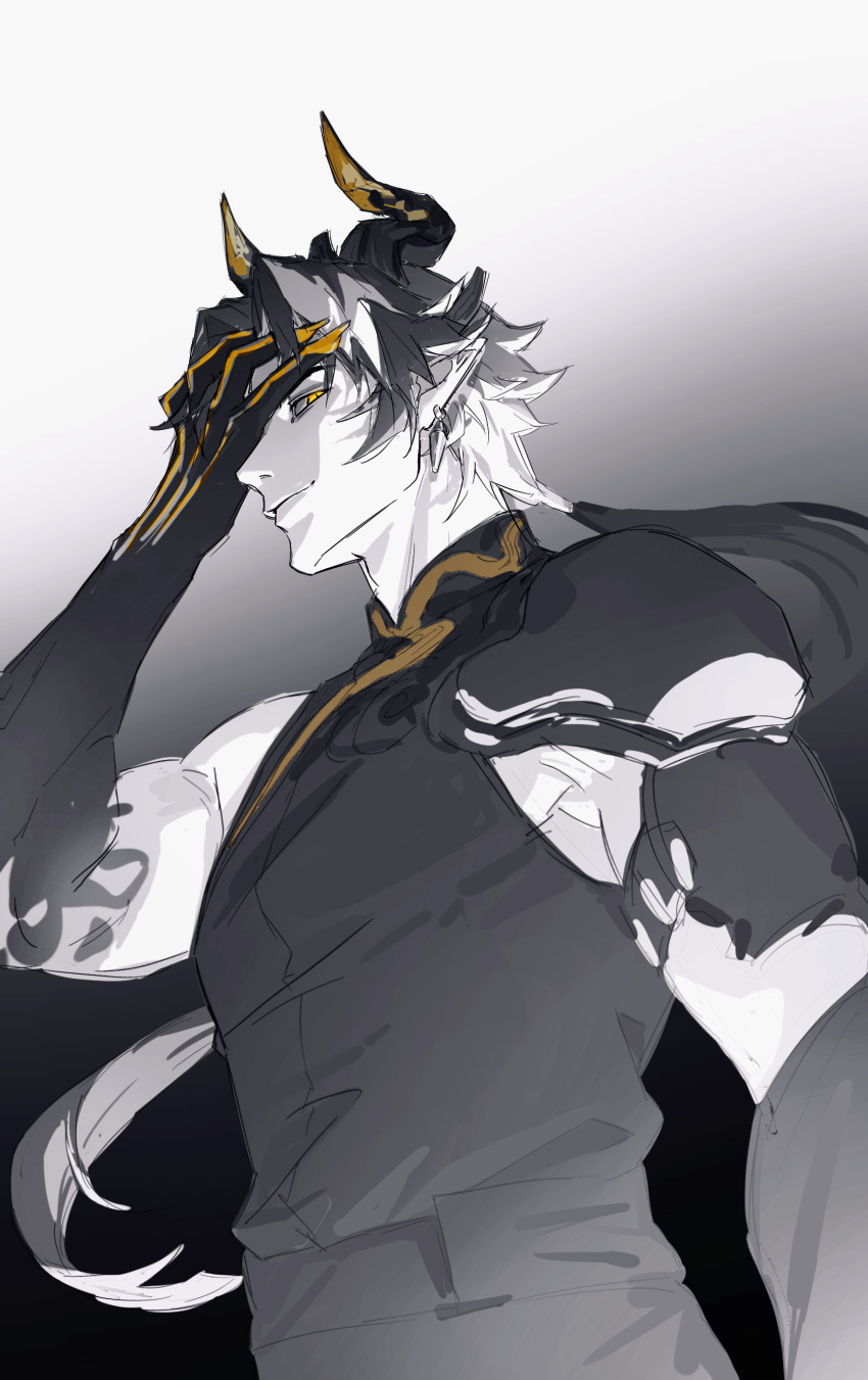 1boy, absurdres, arknights, arm_at_side, arm_tattoo, black_hands, black_shirt, chinese_commentary, chongyue_(arknights), claws, colored_extremities, commentary_request, dragon_horns, earrings, eastern_dragon_horns, evil_smile, from_below, from_side, gradient_background, greyscale, hand_on_own_face, highres, horns, jewelry, looking_at_viewer, looking_to_the_side, low_ponytail, monochrome, nosnowland, one_eye_covered, parted_bangs, pointy_ears, ponytail, shirt, shuo's_husk_(arknights), sleeveless, smile, solo, spot_color, tattoo, upper_body, yellow_eyes