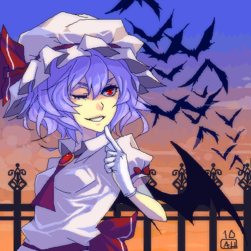arlmuffin, ascot, bat, bat_wings, brooch, bust, gloves, hat, jewelry, lavender_hair, lowres, oekaki, red_eyes, remilia_scarlet, short_hair, solo, too_many_bats, touhou, white_gloves, wings, wink