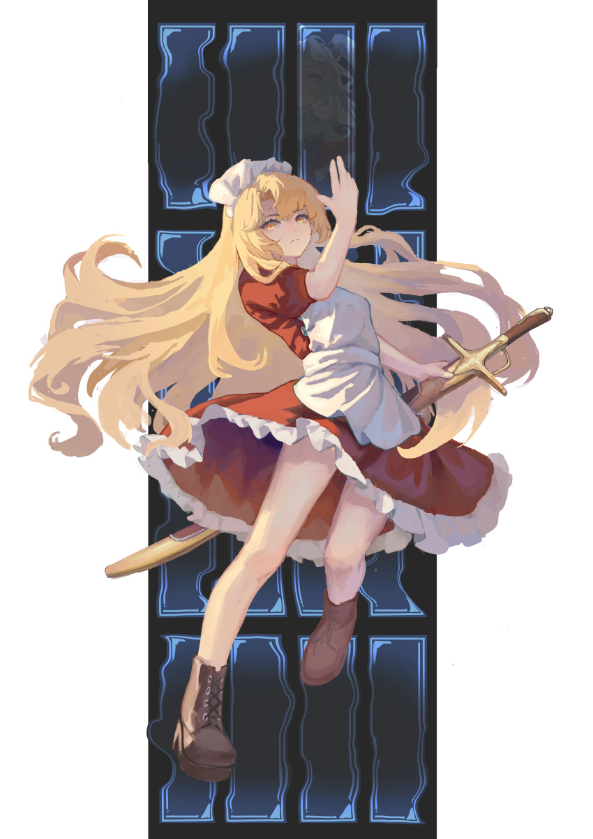 2girls, absurdres, apron, blonde_hair, brown_shoes, closed_mouth, commentary_request, cross-laced_shoes, dress, floating, frilled_apron, frilled_dress, frills, full_body, hand_up, handong_luhuo, highres, holding, holding_sword, holding_weapon, long_hair, looking_at_viewer, maid_apron, maid_headdress, multiple_girls, pillarboxed, puffy_short_sleeves, puffy_sleeves, red_dress, shinki_(touhou), shoes, short_sleeves, sword, touhou, touhou_(pc-98), weapon, white_apron, white_headdress, yellow_eyes, yumeko_(touhou)