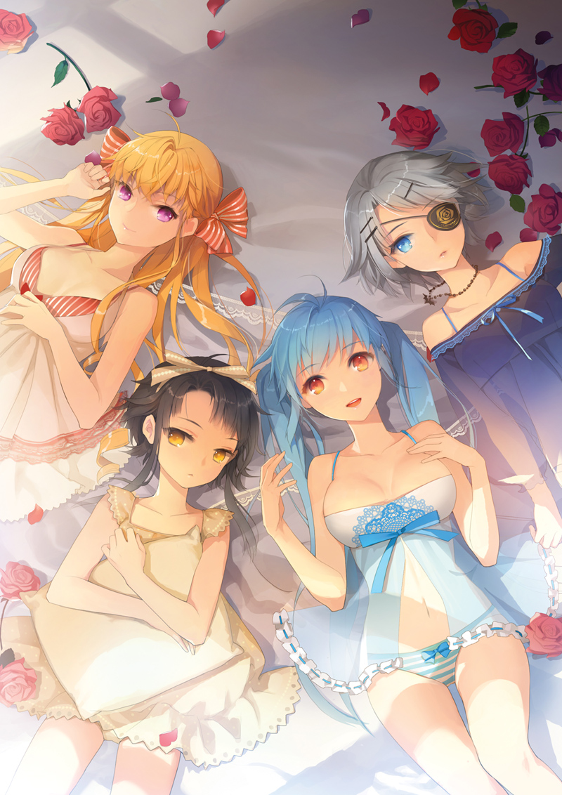 4girls, ahoge, bat, black_hair, blonde_hair, blue_eyes, breasts, cinia_pacifica