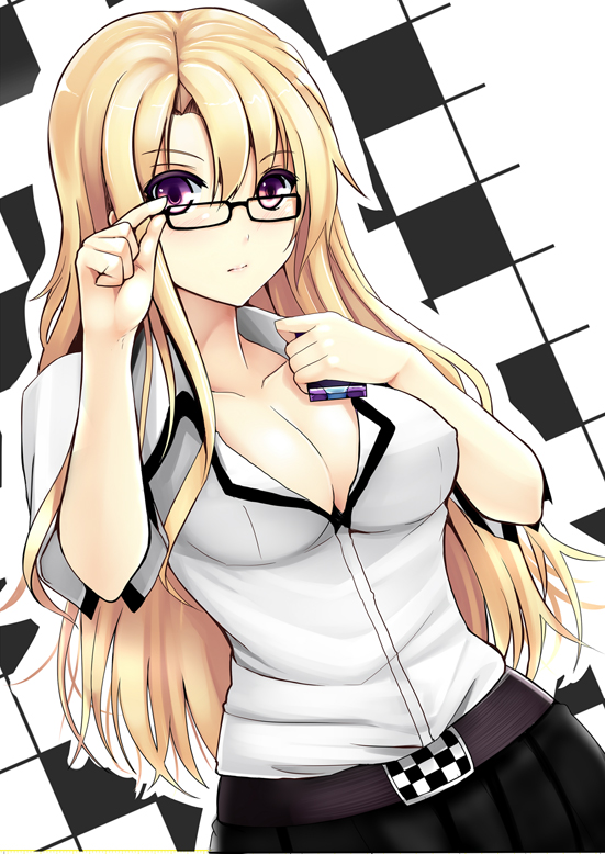 alternate_hair_color, blonde_hair, blush, breasts, cellphone, cleavage, collarbone, glasses