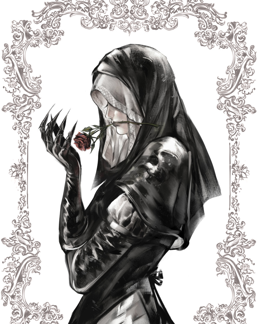 1girl, absurdres, black_capelet, black_gloves, black_veil, capelet, commentary, elden_ring, elden_ring_nightreign, flower, flower_in_mouth, gloves, highres, long_sleeves, phanthema, red_flower, red_rose, rose, simple_background, solo, undertaker_(elden_ring), upper_body, veil, white_background, white_coif