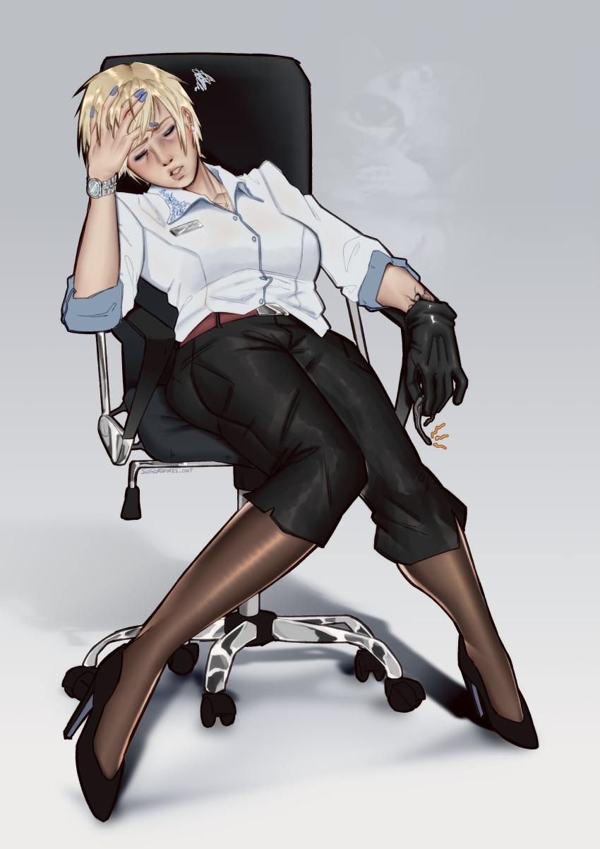 1girl, absurdres, black_gloves, black_pants, black_shoes, blue_nails, breasts, brown_pantyhose
