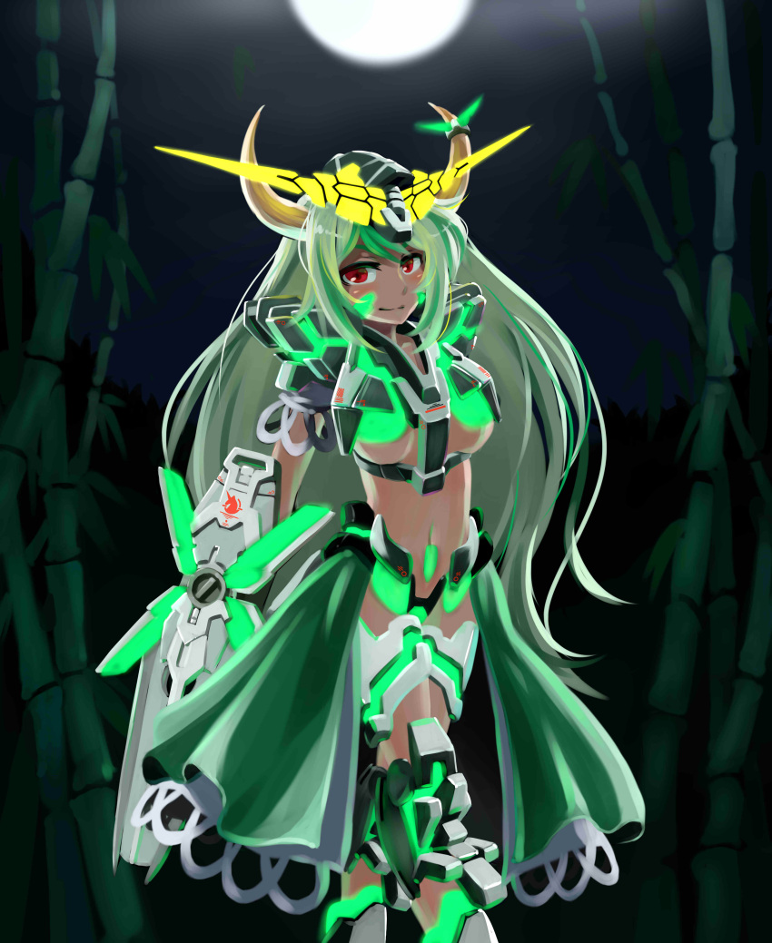 breasts, ex-keine, green_hair, gundam, gundam_unicorn, highres, horn_ribbon, horns, kamishirasawa_keine, long_hair, mecha_musume, midriff, moon, nanaya777, red_eyes, ribbon, shield, skirt, smile, touhou, under_boob, underboob, unicorn_gundam