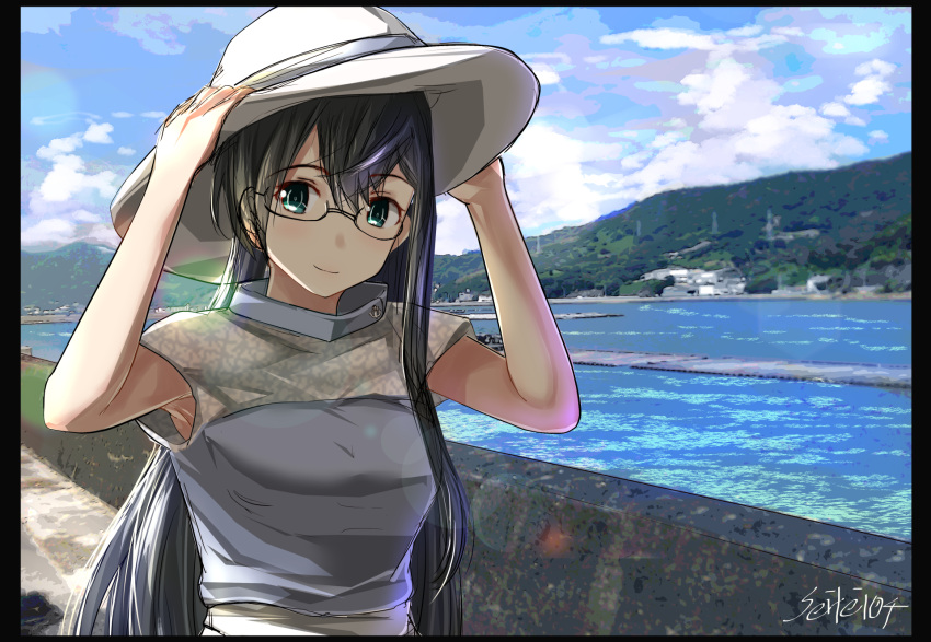 1girl, black_border, border, clouds, cloudy_sky, commentary_request, day, dress