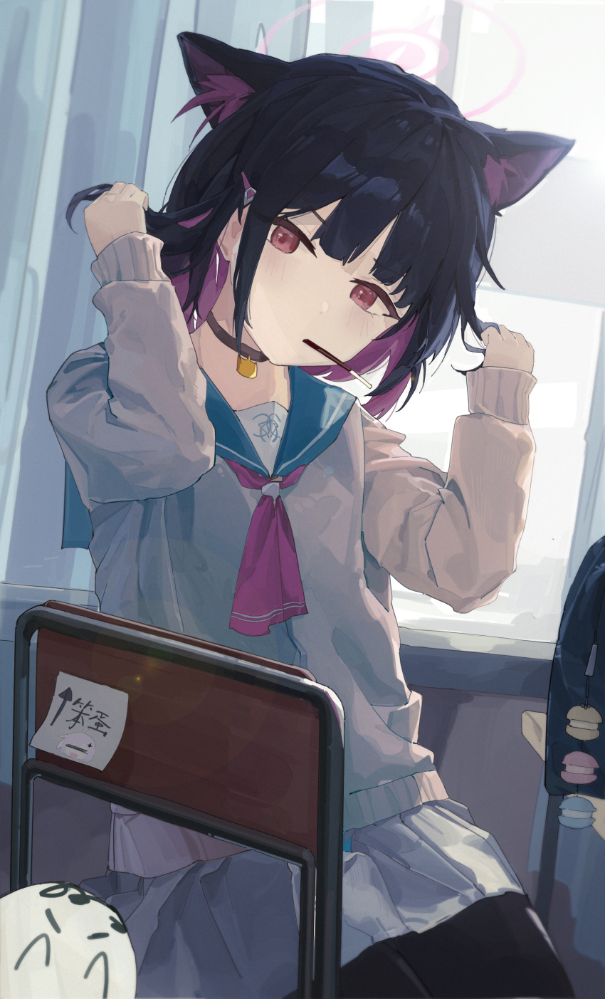 absurdres, animal_ears, blue_archive, cat_ears, chinese_text, classroom, colored_tips, commentary