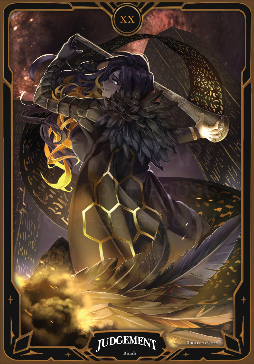 1girl, binah_(project_moon), black_cape, black_hair, blonde_hair, cape, character_name, commentary, english_commentary, fur-trimmed_cape, fur_trim, highres, holding, holding_weapon, honeycomb_(pattern), judgement_(tarot), library_of_ruina, long_hair, looking_back, multicolored_hair, project_moon, smile, smoke, solo, streaked_hair, tako0mari, tarot, two-tone_hair, wavy_hair, weapon, white_eyes