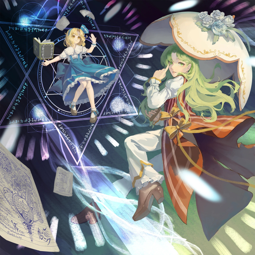 2girls, alice_margatroid, alice_margatroid_(pc-98), black_shoes, blonde_hair, blue_flower, blue_rose, blue_skirt, book, bookshelf, bow_legwear, brown_shoes, commentary_request, floating, floating_book, floating_object, flower, flying_paper, frilled_pants, frilled_skirt, frilled_sleeves, frilled_wrist_cuffs, frills, from_side, green_eyes, green_hair, hairband, hand_up, handong_luhuo, highres, holding, holding_umbrella, juliet_sleeves, kazami_yuuka, kazami_yuuka_(pc-98), loafers, long_hair, long_sleeves, looking_at_viewer, magic_circle, mary_janes, multiple_girls, pants, paper, parasol, parted_lips, puffy_long_sleeves, puffy_short_sleeves, puffy_sleeves, rose, shirt, shoes, short_hair, short_sleeves, single_wrist_cuff, skirt, socks, suspender_skirt, suspenders, touhou, touhou_(pc-98), turning_head, umbrella, white_shirt, white_socks, white_wrist_cuffs, wrist_cuffs