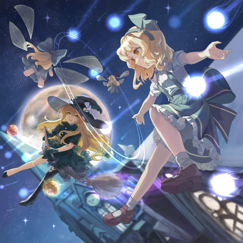 2girls, alice_margatroid, alice_margatroid_(pc-98), back_bow, black_dress, black_shoes, blonde_hair, blue_bow