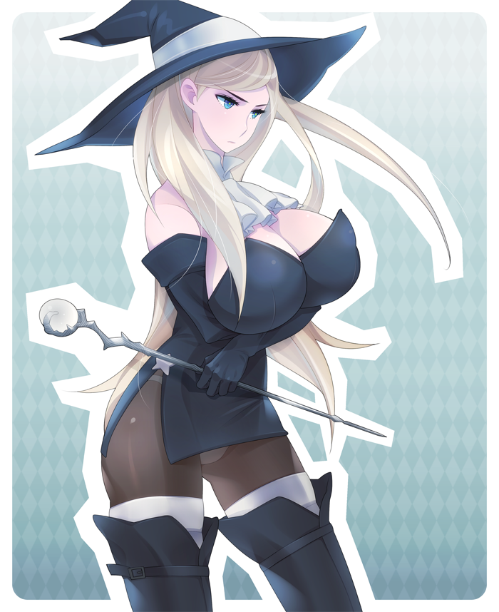 bad_id, bare_shoulders, blonde_hair, blue_eyes, boots, breast_hold, breasts, cravat, crossed_arms, dress, elbow_gloves, eyeshadow, gloves, hat, huge_breasts, lacco, long_hair, makeup, panties, panties_under_pantyhose, pantyhose, solo, star, tactics_ogre, thigh-highs, thigh_boots, thighhighs, underwear, very_long_hair, wand, white_legwear, witch_(tactics_ogre), witch_hat
