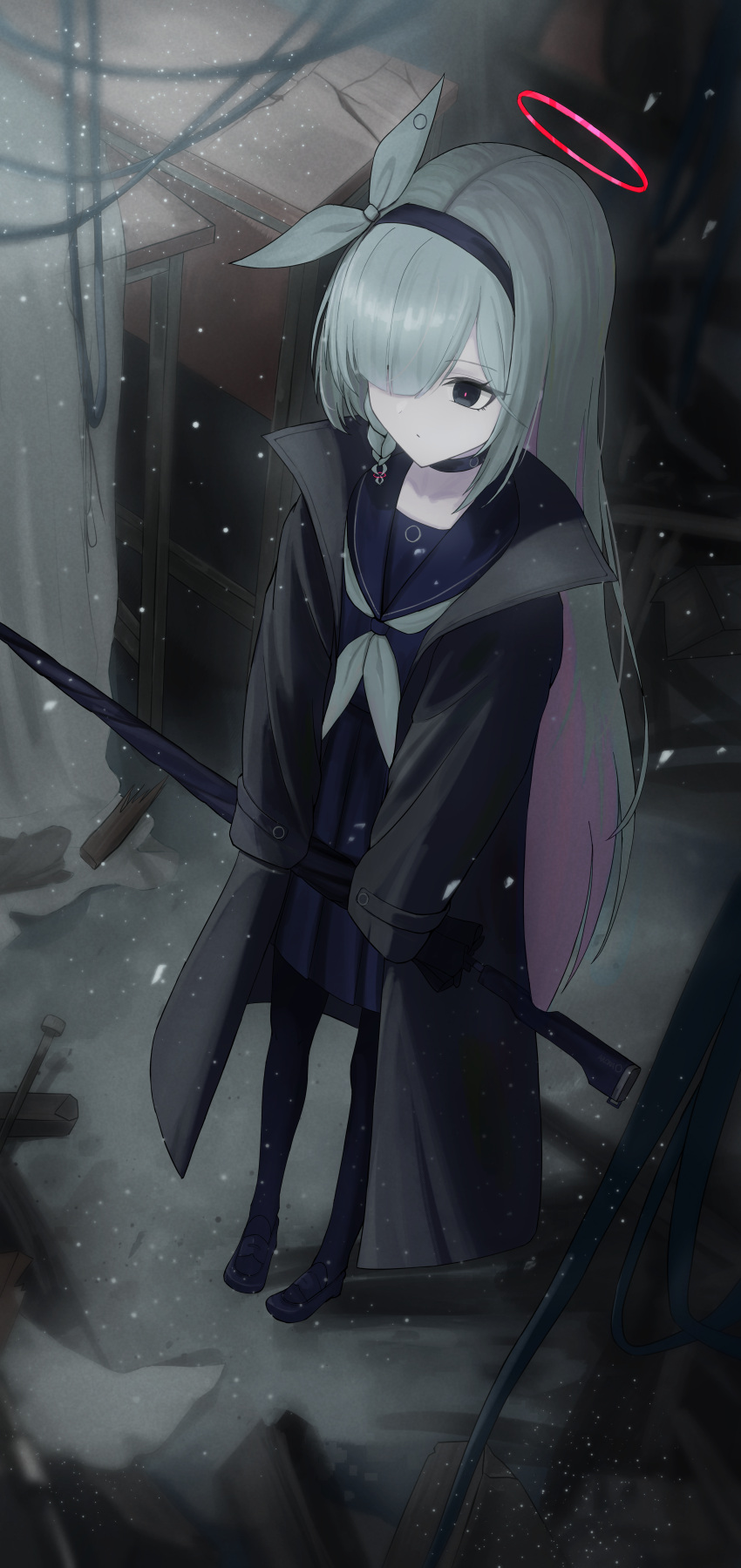 1girl, absurdres, black_choker, black_eyes, black_hairband, blue_archive, braid, choker