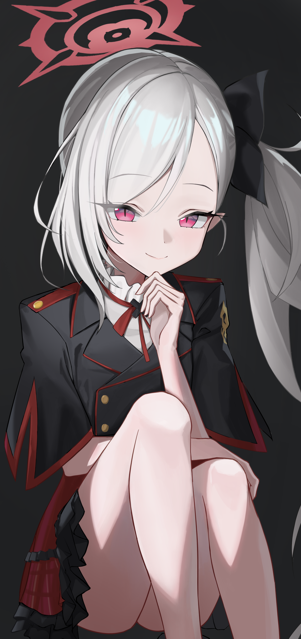 1girl, black_background, blue_archive, commentary_request, fanfanta_152, hair_ornament, halo, hands_on_lap