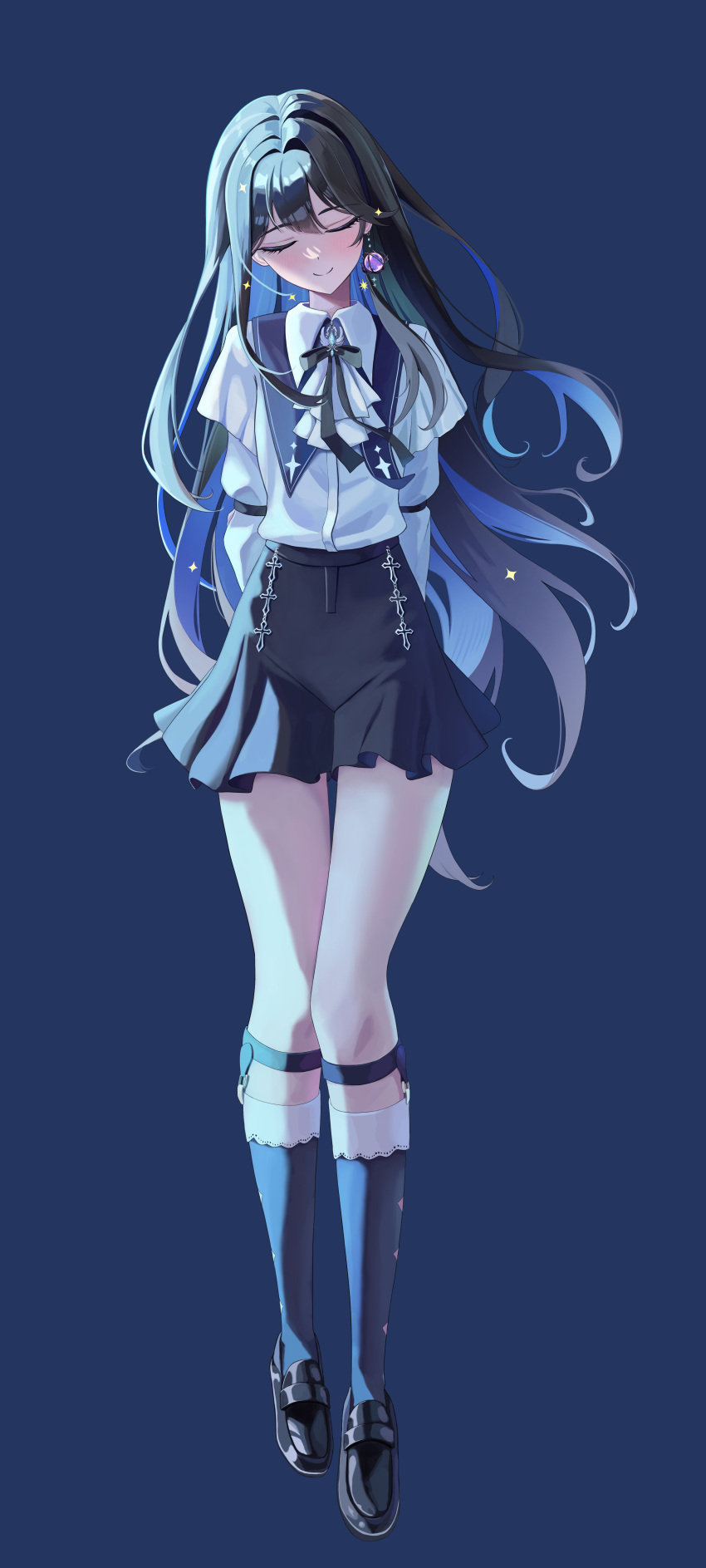 1girl, absurdres, arms_behind_back, black_hair, black_shoes, black_shorts, black_skirt, blue_background