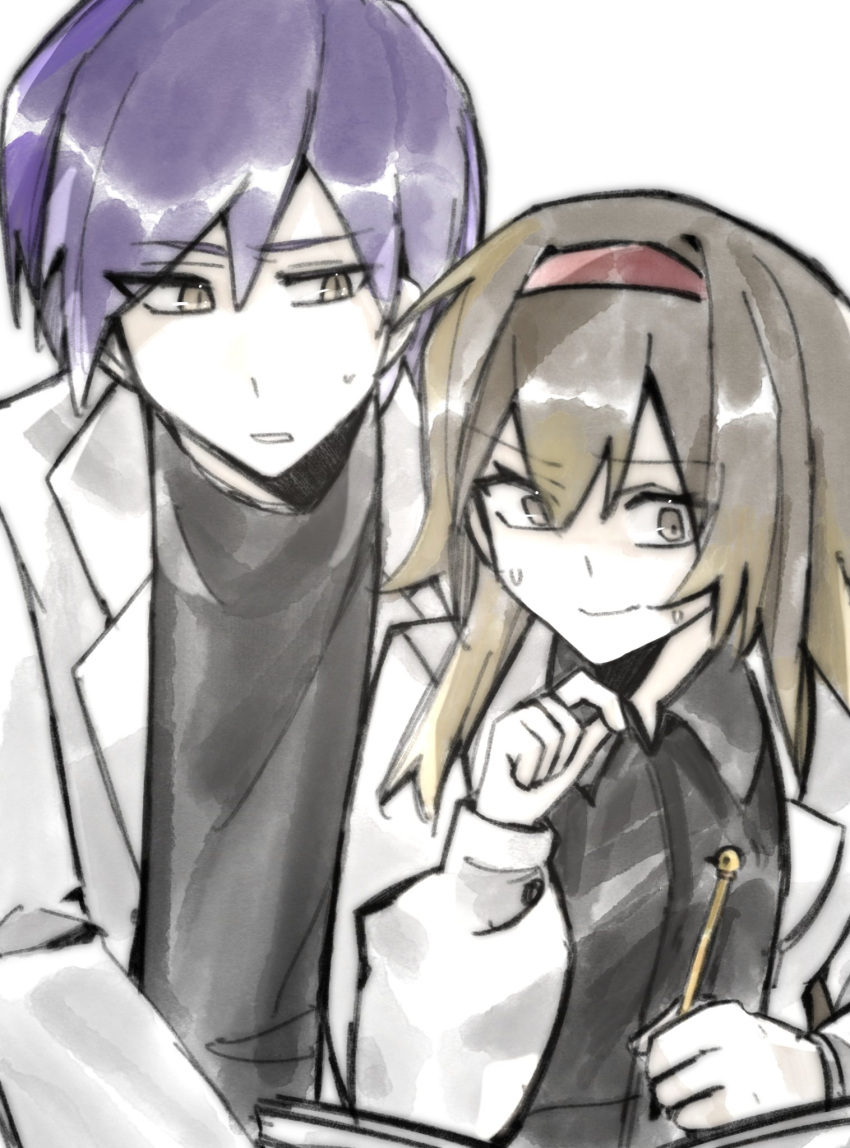 1boy, 1girl, black_shirt, brown_eyes, brown_hair, collared_shirt, elijah_(project_moon), gabriel_(project_moon)