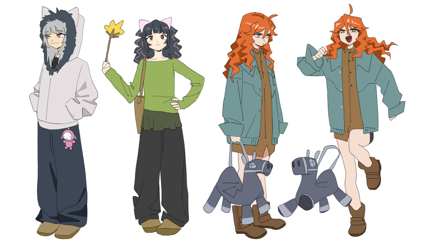 3girls, black_hair, curly_hair, green_eyes, highres, hood, long_hair, long_sleeves