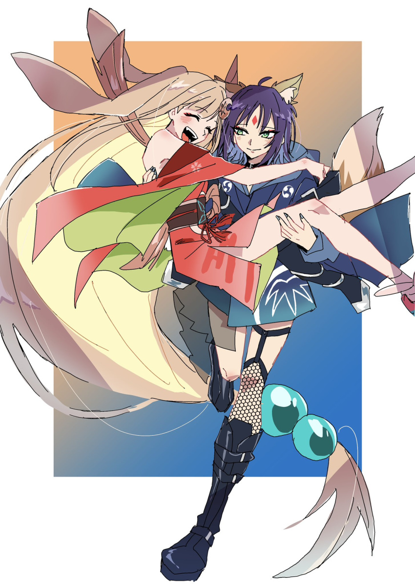 2girls, animal_ears, black_boots, black_choker, blonde_hair, blue_hair, blue_kimono, blue_nails