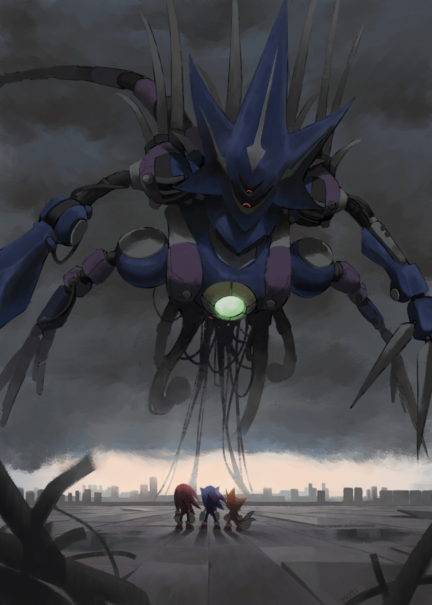 4boys, absurdres, claws, clouds, cloudy_sky, extra_arms, extra_tails, floating