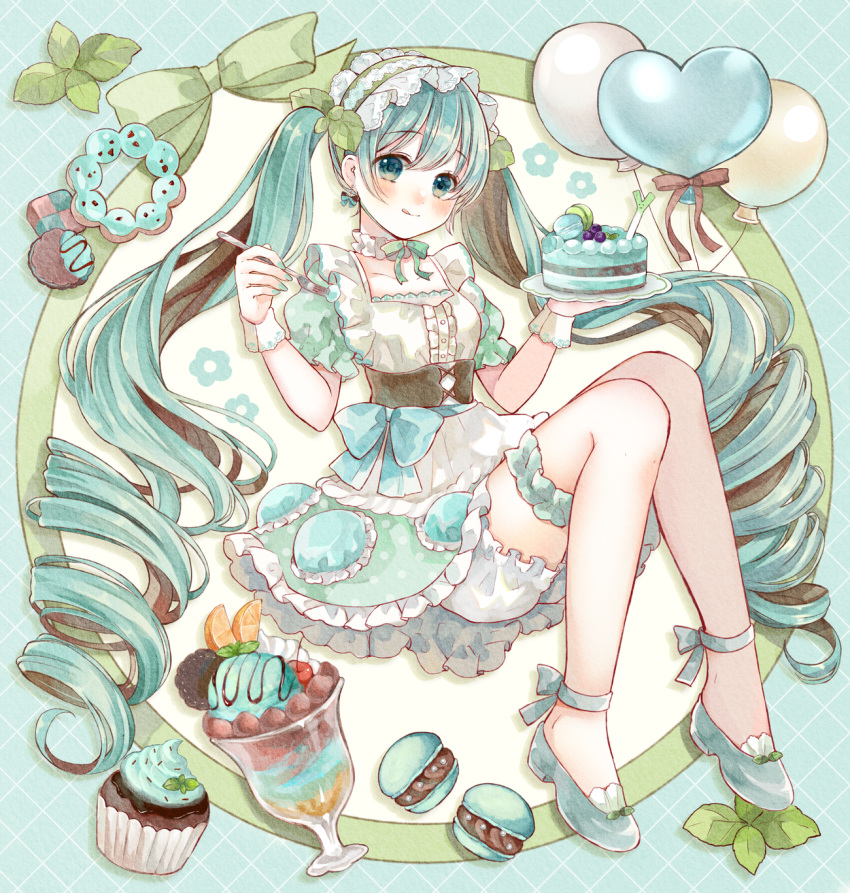 1girl, :q, apron, aqua_background, aqua_bow, aqua_dress, aqua_eyes, aqua_hair