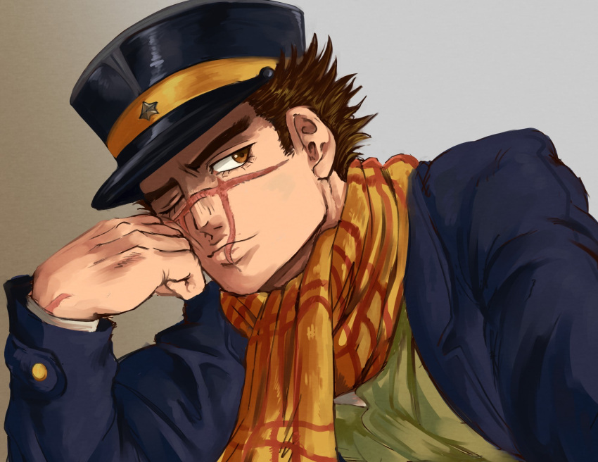 1boy, brown_hair, closed_mouth, eyelashes, golden_kamuy, hat, highres, jacket