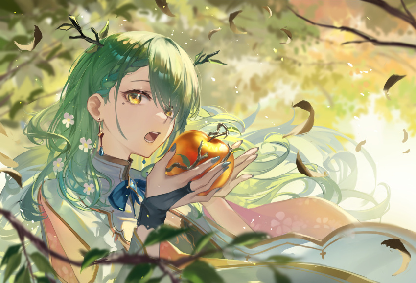 1girl, absurdres, antlers, apple, bluehead_white_dragon, braid, branch, bridal_gauntlets