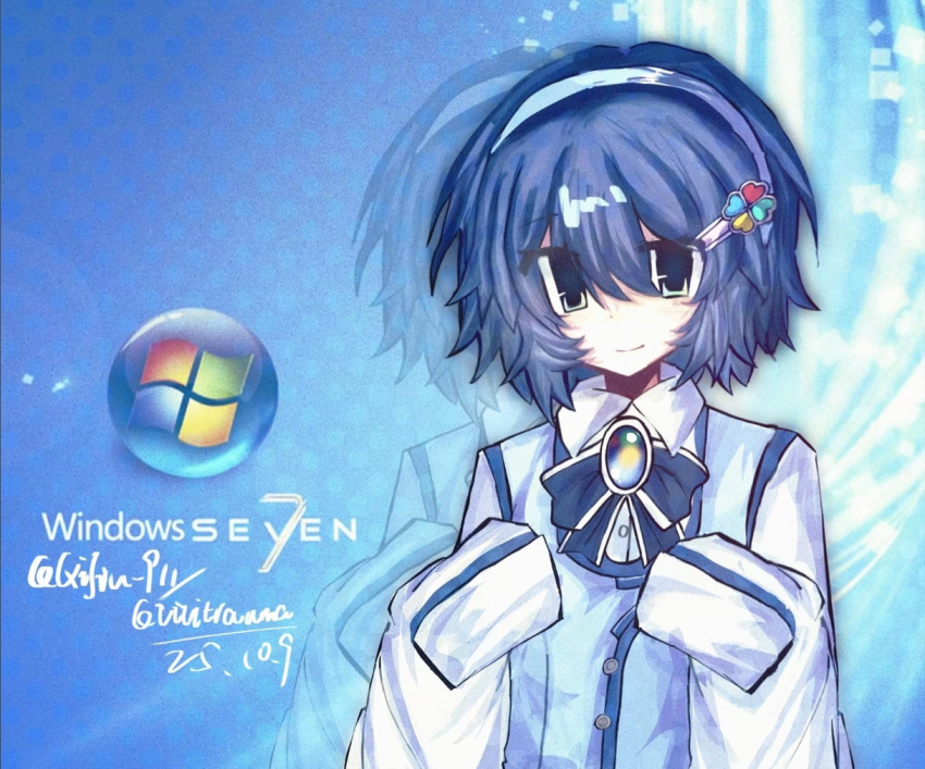 1girl, 2000s_(style), blue_eyes, blue_gem, blue_hair, blue_hairband, blue_theme, blue_vest, breasts, buttons, chinese_commentary, closed_mouth, clover, clover_hair_ornament, collared_shirt, commentary_request, dot_nose, four-leaf_clover, frutiger_aero, gem, green_eyes, green_gem, hair_ornament, hairband, long_sleeves, madobe_nanami, microsoft_windows, multicolored_gem, os-tan, partial_commentary, qijiu_911, red_gem, shirt, short_hair, sleeves_past_fingers, sleeves_past_wrists, small_breasts, smile, solo, vest, white_shirt, windows_7, yellow_gem