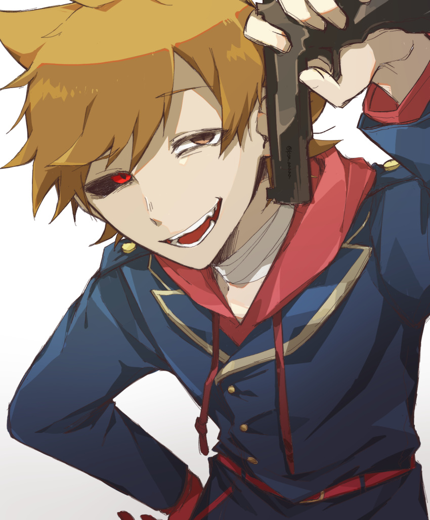 1boy, animification, bandaged_neck, bandages, black_sclera, blue_coat, brown_eyes, brown_hair